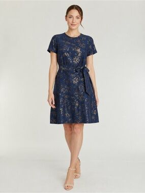 Paule Ka Paris Blue Metallic Jacquard Belted Dress Size 40 Made in Poland